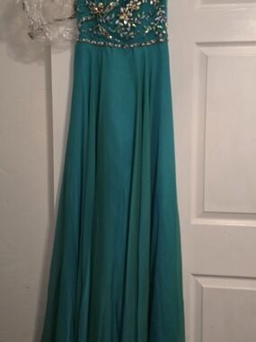 Strapless Teal Evening Gown with Embellished Bodice